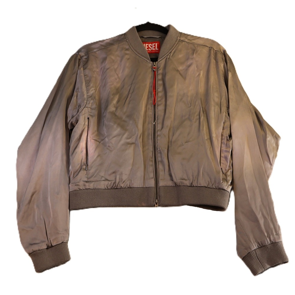 Diesel Womens 42 G-KHLOW-N1 Bomber Jacket Grey Hand Faded Cropped Satin